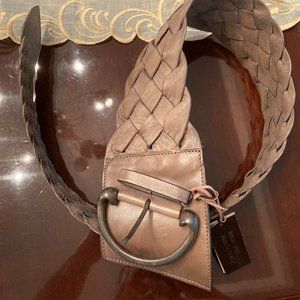 House 2401 taupe asymmetrical leather belt with dark hardware